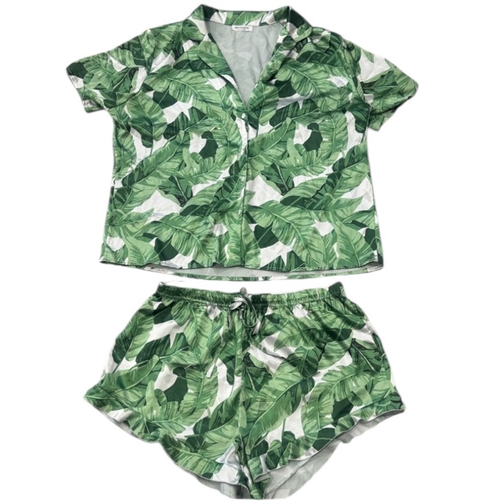 Tropical Palm Leaf Print Silk Womens Pajama Set Button Down Shirt & Shorts Large